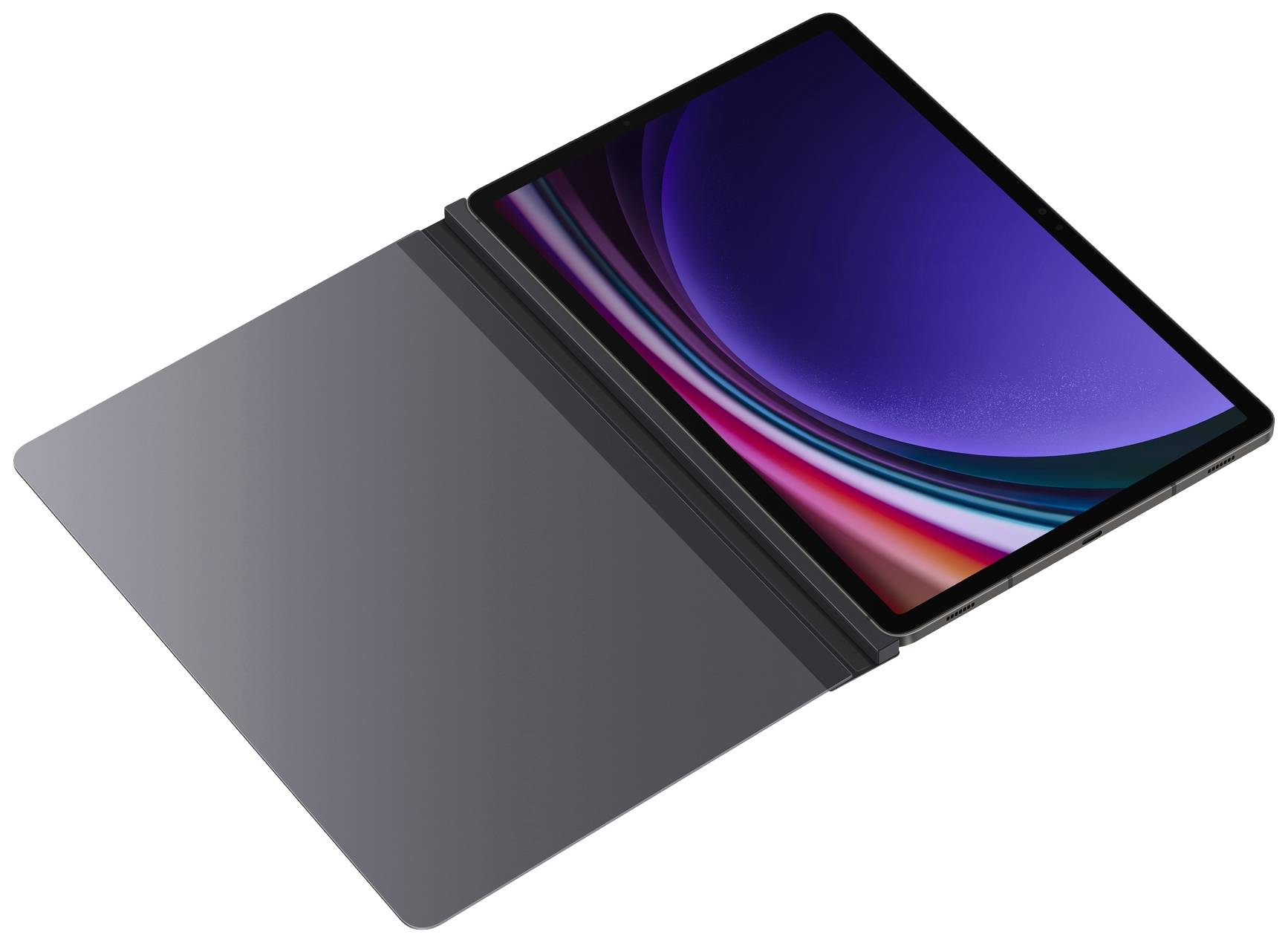 Une tablette noire dans un étui ouvert, dont l'écran affiche un design abstrait et coloré.