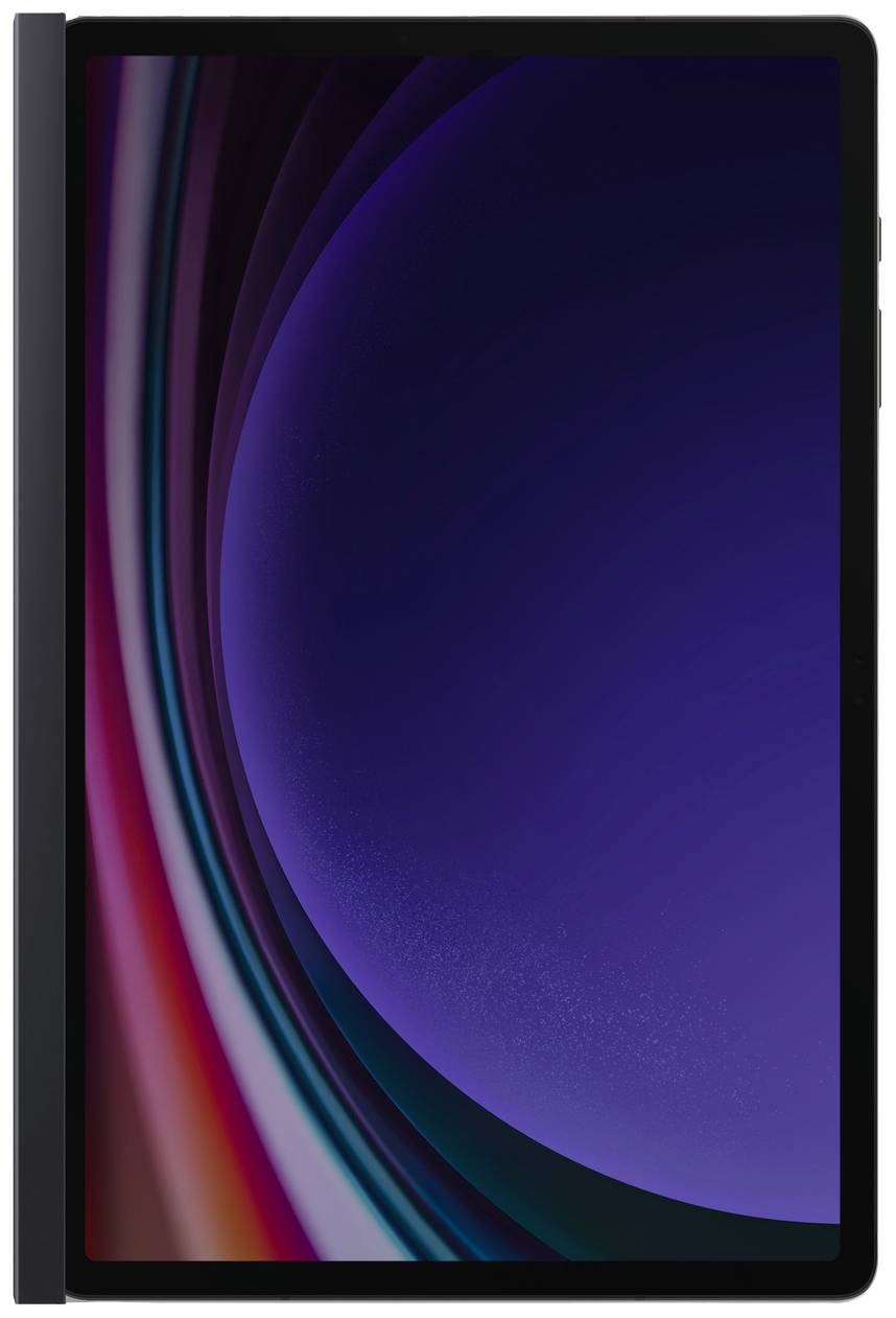 Une tablette moderne avec un grand écran. L'écran affiche un fond abstrait coloré dans des tons de bleu et de rouge.