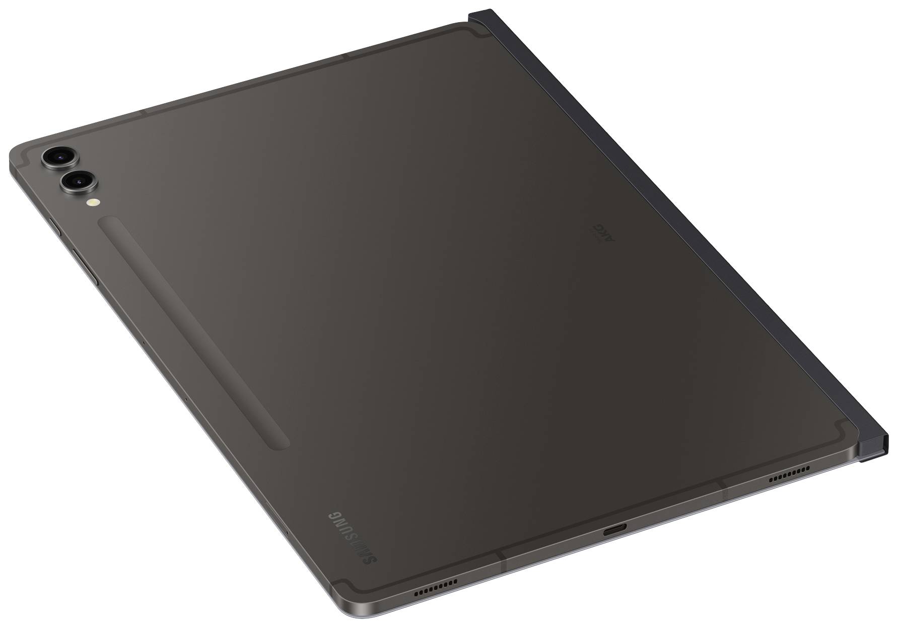 L'image montre une tablette plate et élégante avec un dos foncé et deux caméras dans le coin supérieur.
