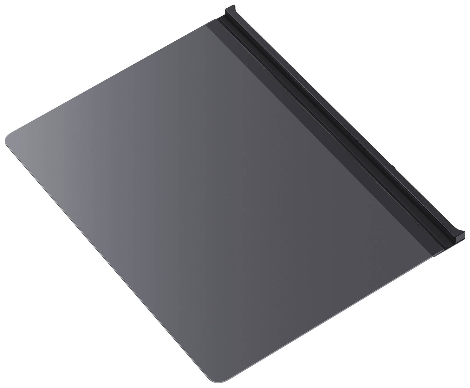 Un panneau de toiture noir, rectangulaire, avec un bord surélevé sur un côté, conçu théoriquement pour une utilisation dans les toitures.