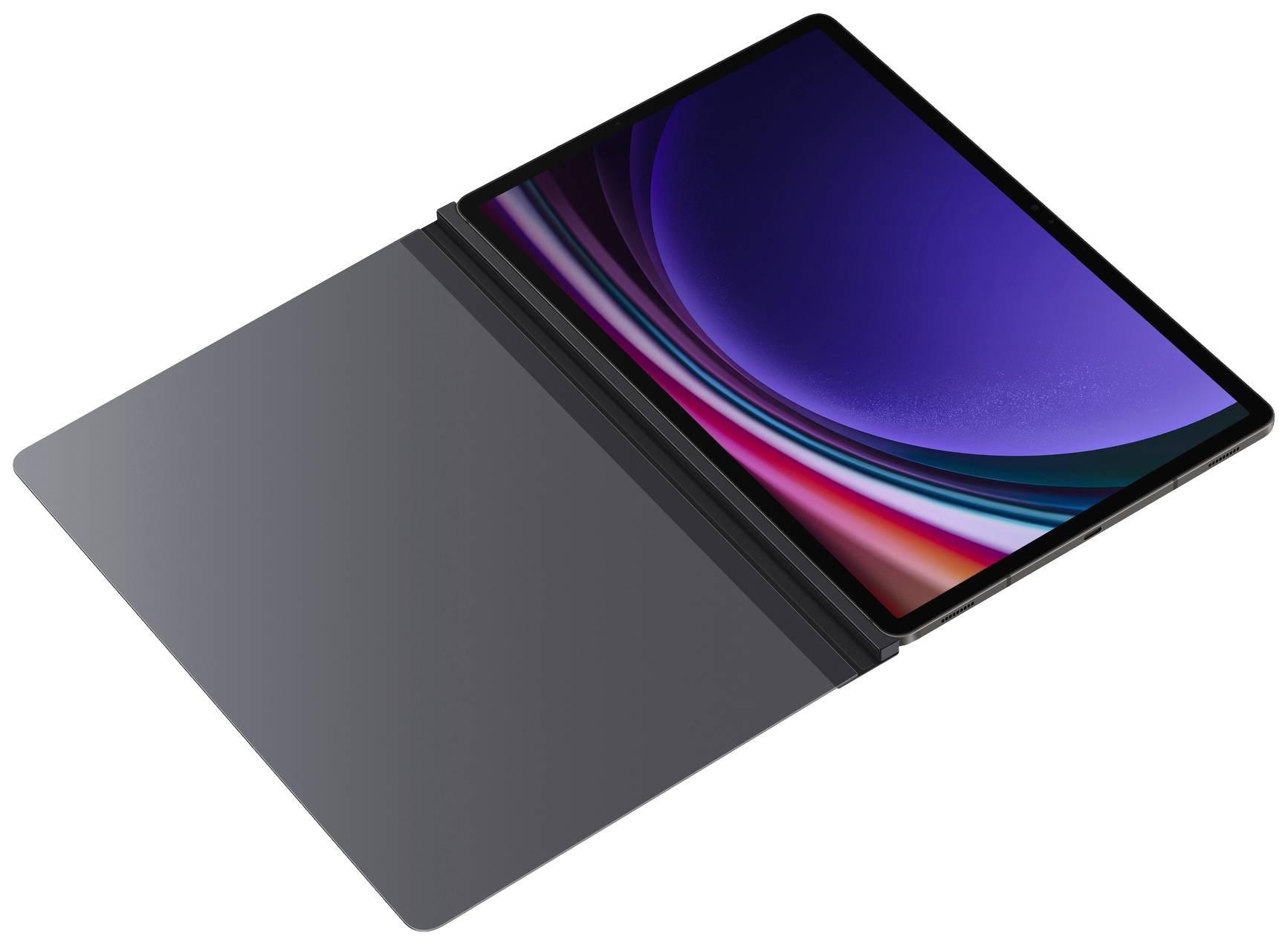 Tablette avec une housse sombre ouverte, l'écran affiche un motif abstrait et coloré.