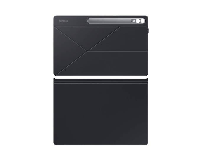 Tablette avec couvercle amovible et support pour stylet, dans une couleur sombre, sur fond blanc. Le support du stylet est visible en haut.
