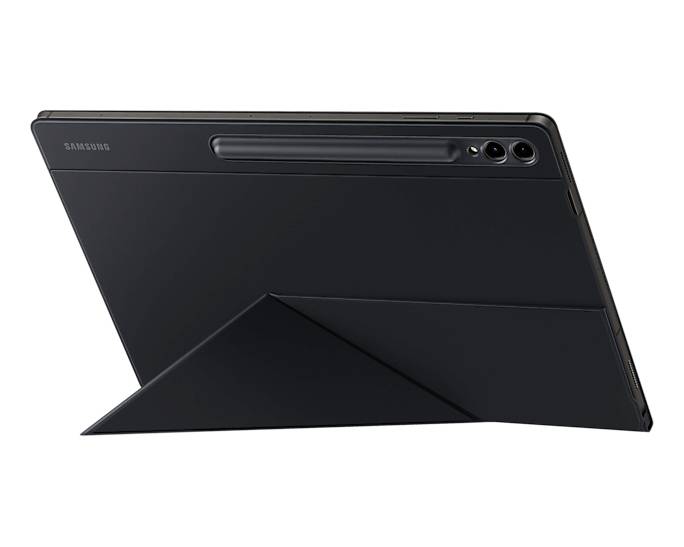 Vue arrière d'une tablette avec une couverture noire faisant office de support. Deux objectifs d'appareil photo sont visibles.