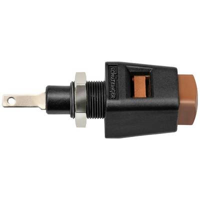 Un bouton-poussoir noir et orange avec un contact métallique, utilisé pour le contrôle ou la commutation dans les appareils électriques.