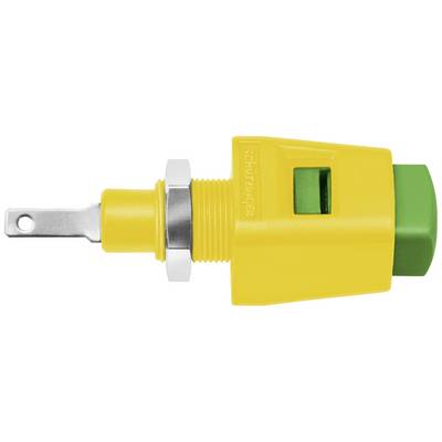 Connecteur de terre électrique jaune et vert avec raccord métallique, marquage du fabricant sur le côté.