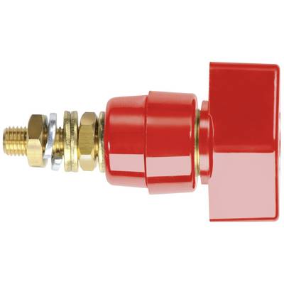 Adaptateur de ventilation rouge avec détails en laiton, posé sur le côté.