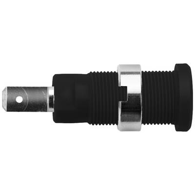 Une douille de connecteur, vue de côté, avec un boîtier noir rainuré et un anneau de fixation en métal argenté. Adaptée aux appareils électroniques.