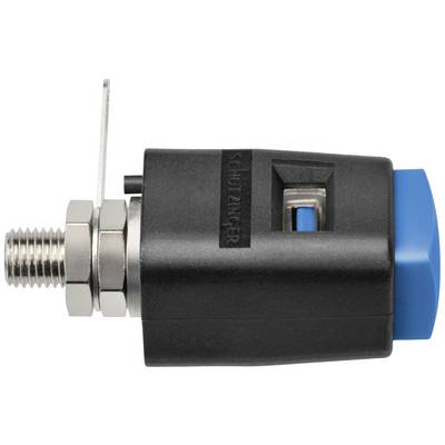 Un adaptateur en plastique noir avec un raccord métallique et un bouton bleu, représenté de côté, sur un fond blanc.