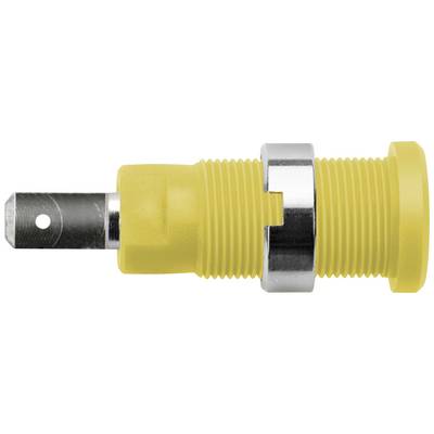 Connecteur fileté jaune avec anneau métallique et verrouillage hexagonal ; fréquemment utilisé pour les connexions électriques.