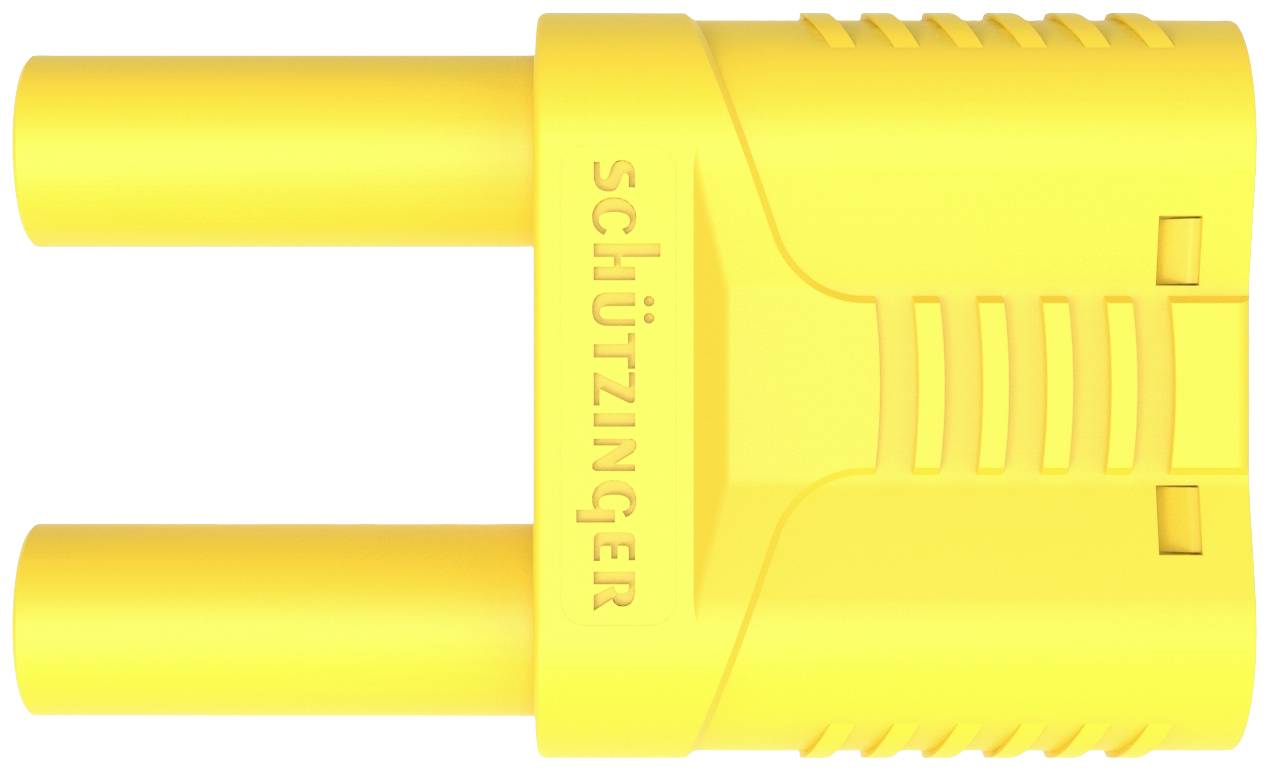 Une fiche jaune bipolaire portant l'inscription 'Schützinger' sur le côté, utilisée pour les connexions électriques.