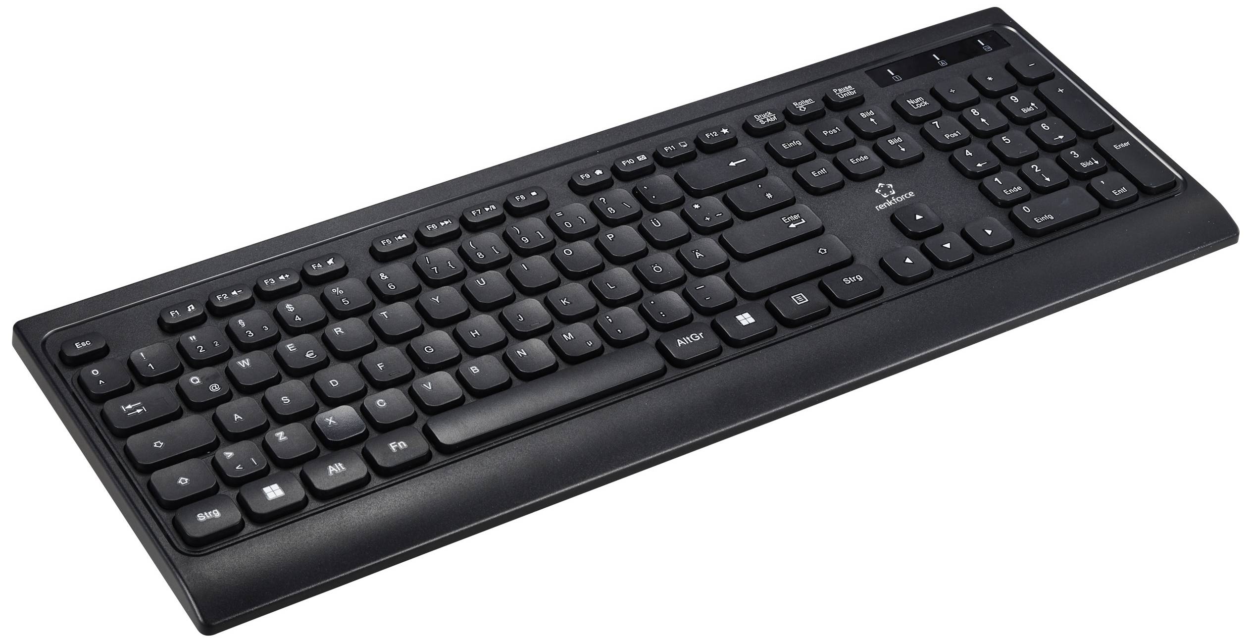 Un clavier d'ordinateur noir avec disposition QWERTY, pavé numérique et rangée de touches de fonction. Adapté aux applications de bureau et domestiques.