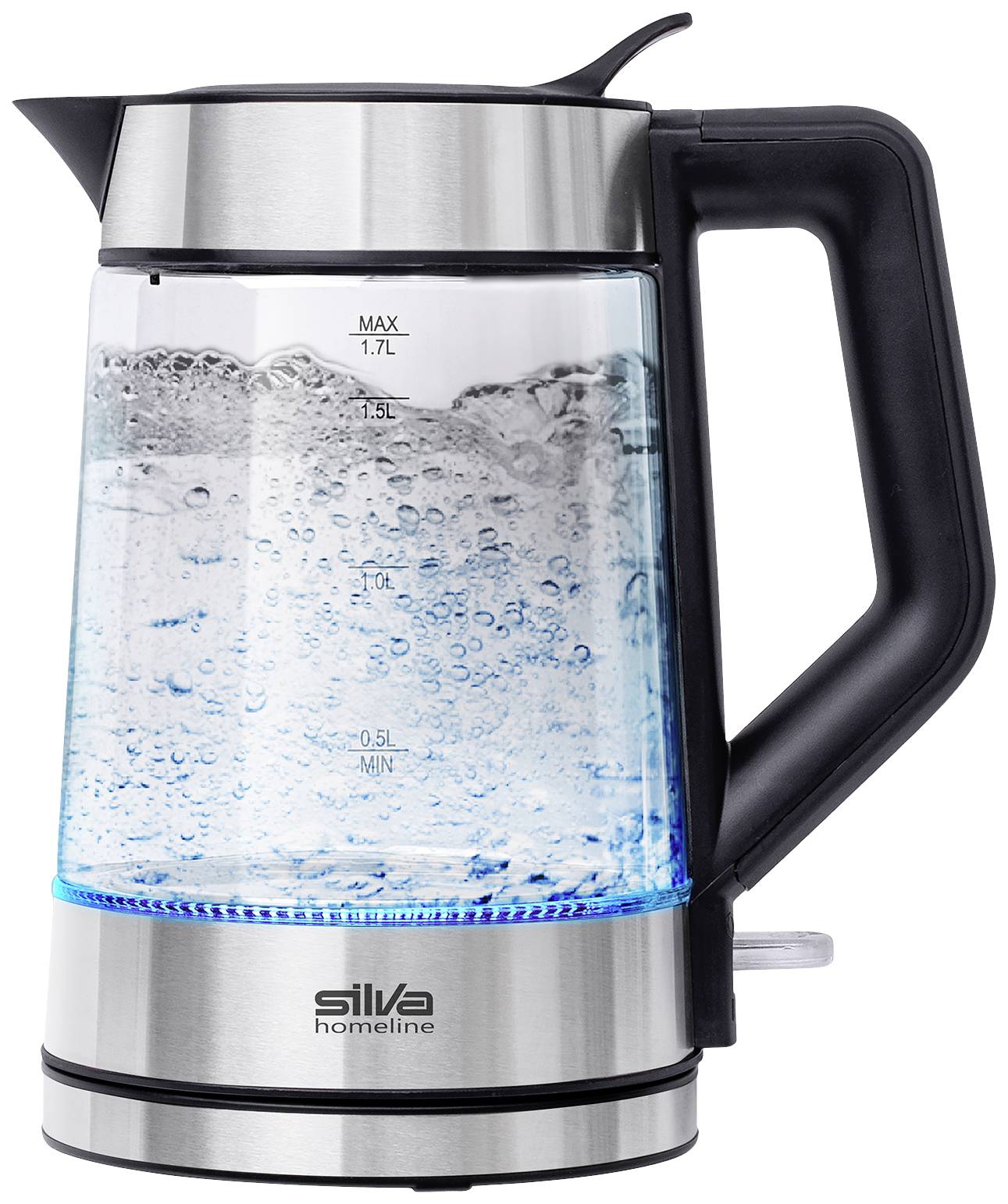 Bouilloire avec verre transparent, éclairage LED et une capacité de 1,7 litres. L'eau bout, comme en témoignent les bulles visibles.