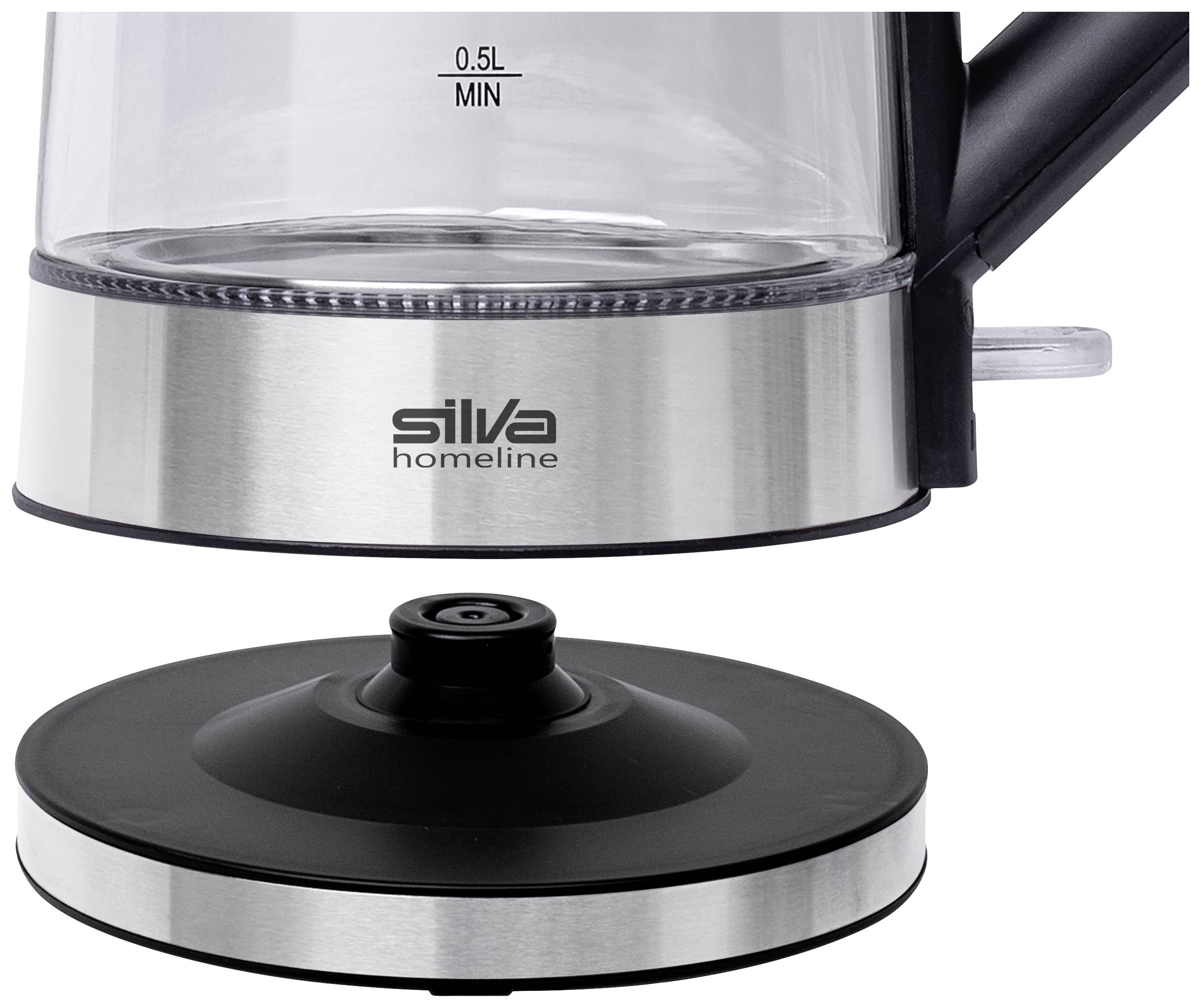 Bouilloire électrique avec socle amovible, argentée avec poignée noire. Niveau minimal de remplissage de 0,5 litre marqué.