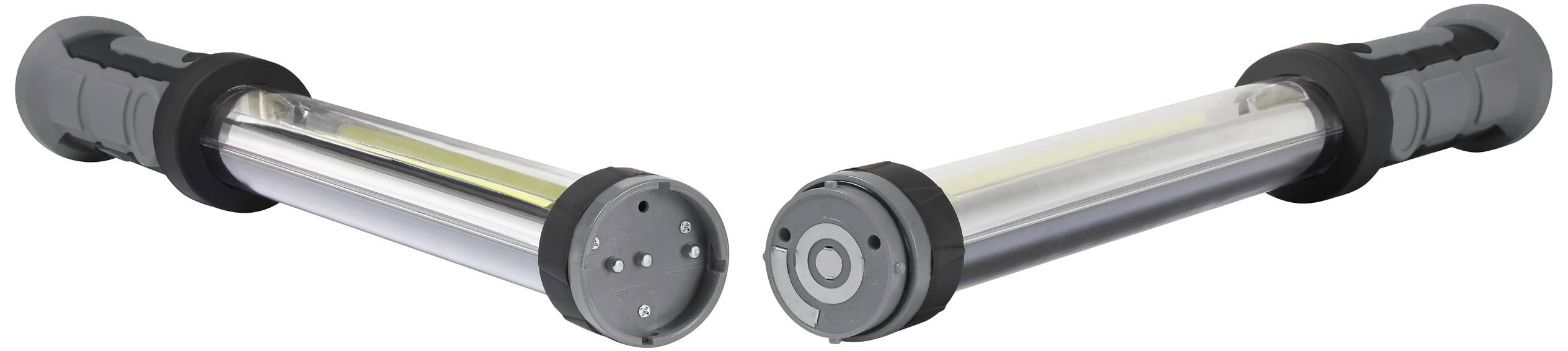 Deux lampes de poche LED portables au design cylindrique élancé et aux embouts noirs sont posées côte à côte sur un fond blanc.