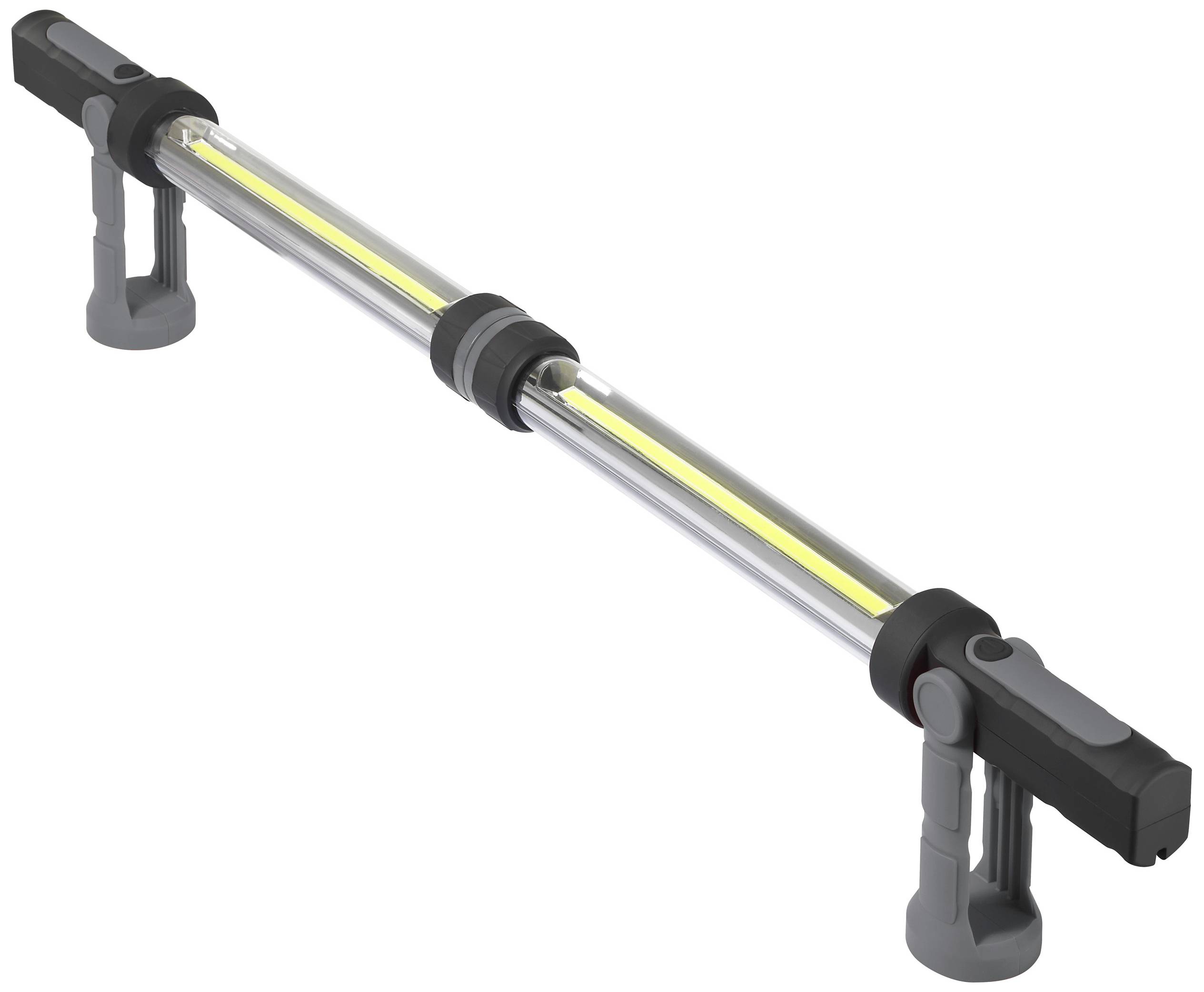 Lampe de travail LED de forme cylindrique, avec boîtier transparent et deux supports gris foncés à chaque extrémité. Adaptée pour la fixation sur des surfaces de travail.