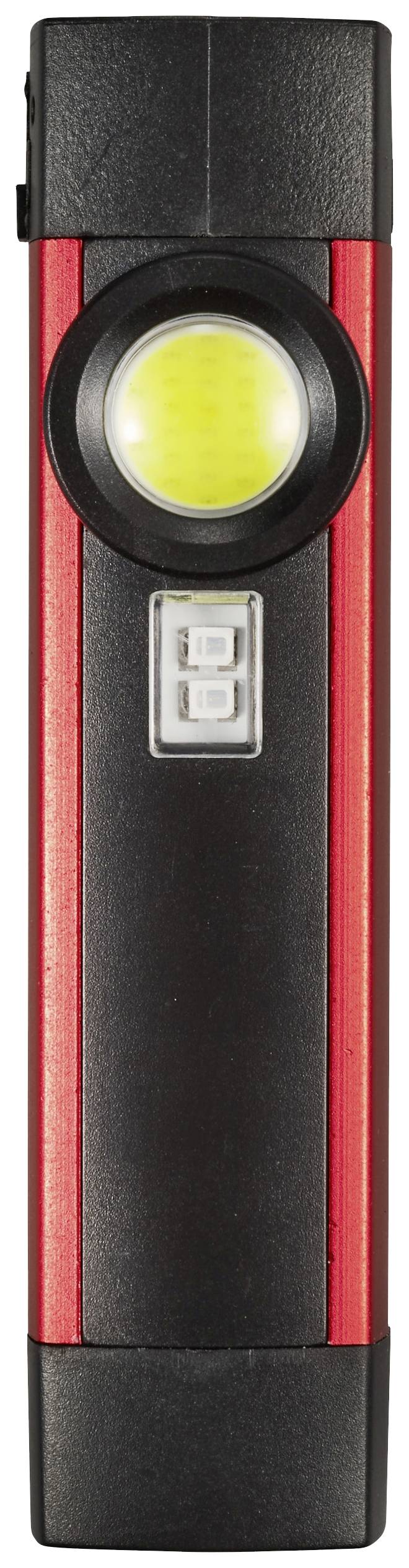 Lampe de poche LED en rouge et noir avec une lumière jaune ronde au-dessus d'un interrupteur carré.