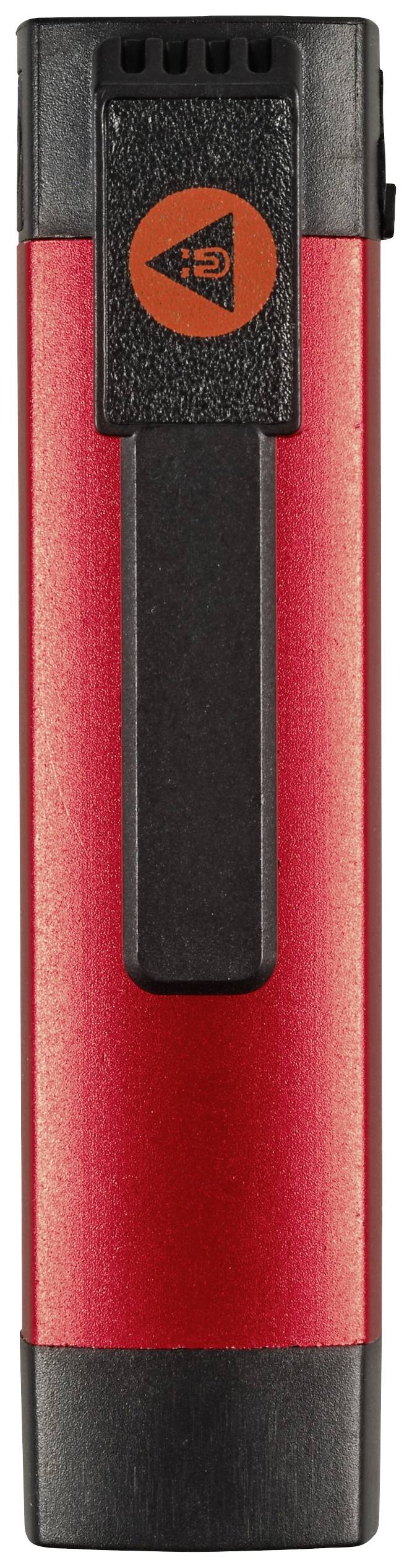 Lampe de poche rouge avec clip noir et logo orange en haut, conçue pour l'éclairage, maniable et portable.