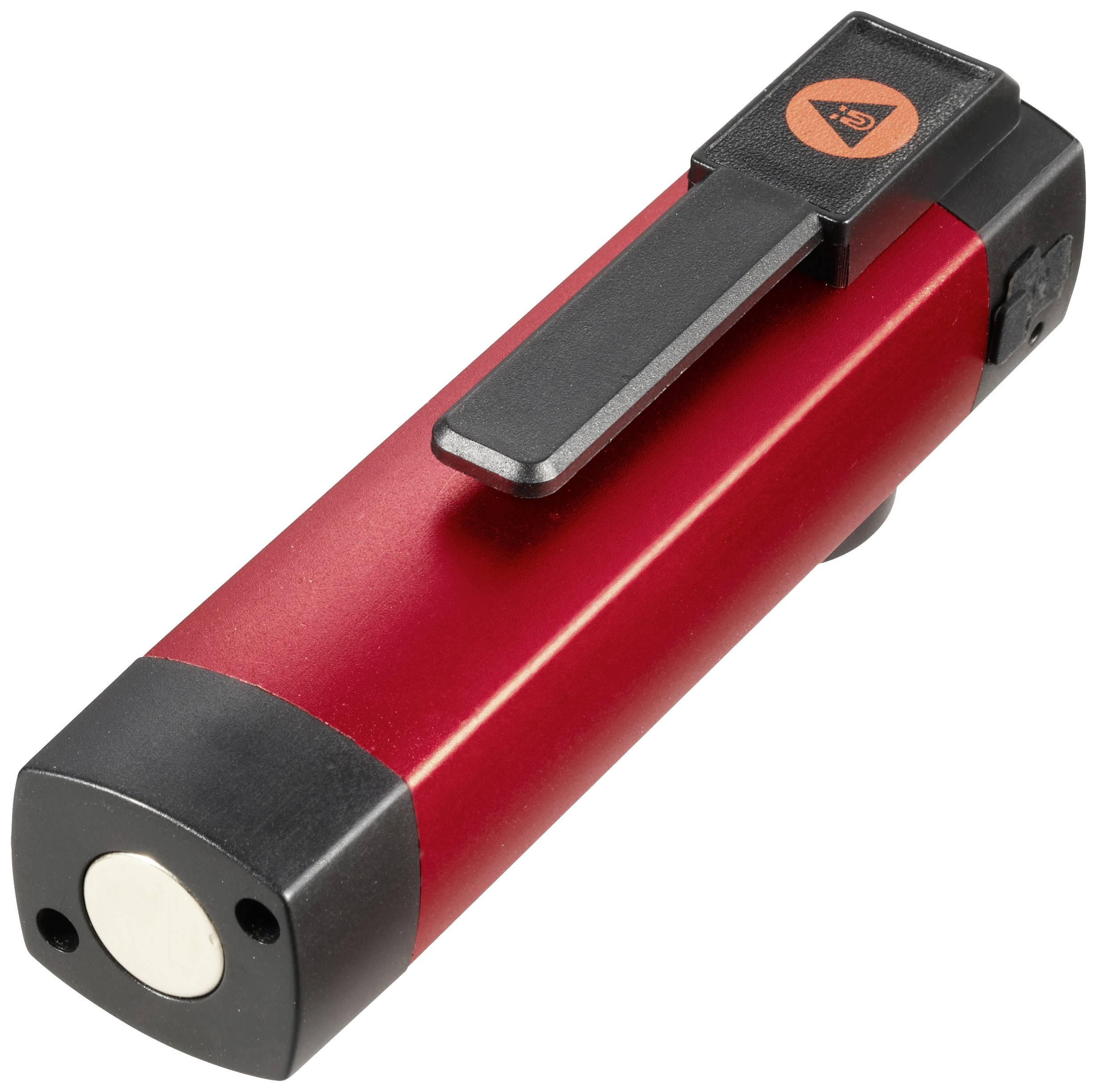 Leveur magnétique cylindrique rouge avec poignée noire, utilisé pour soulever des objets magnétiques.