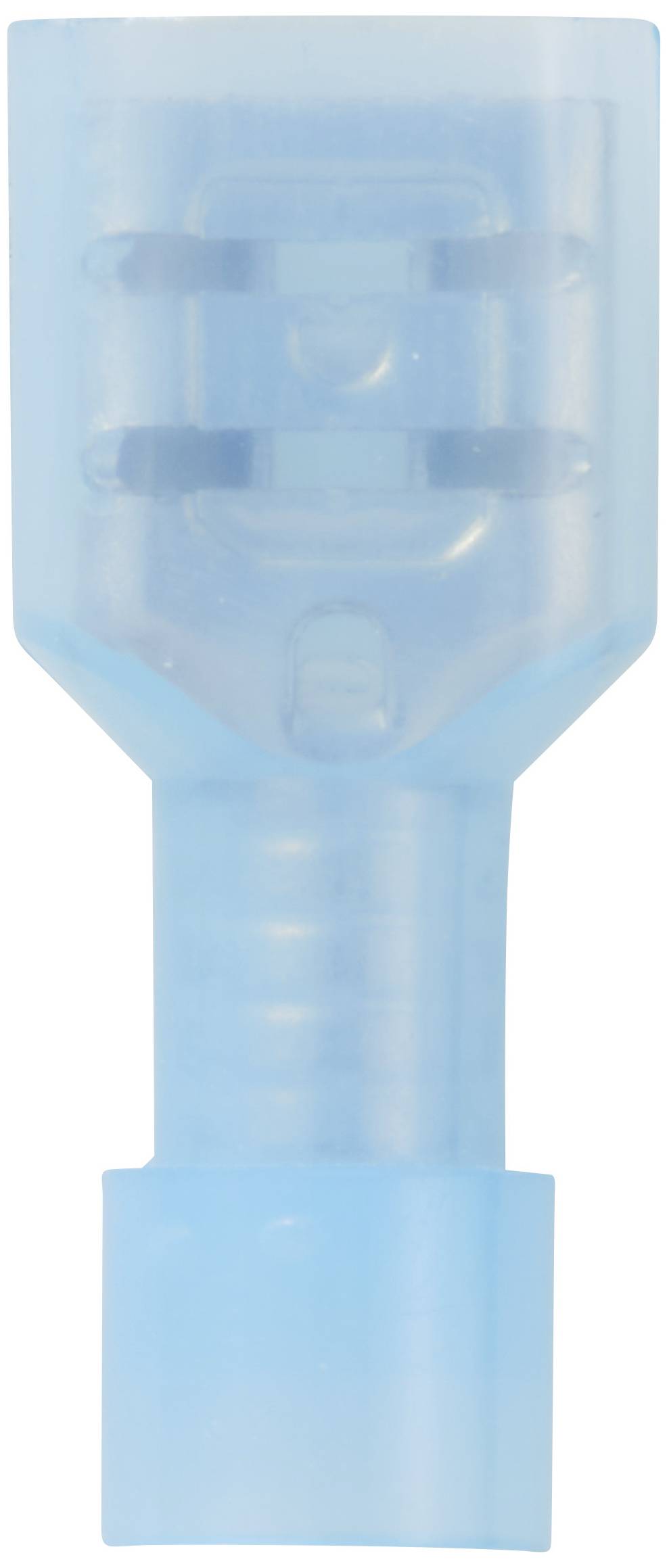 Un connecteur électrique cylindrique bleu transparent, isolé, avec une ouverture plus large en haut et une extrémité plus étroite en bas.