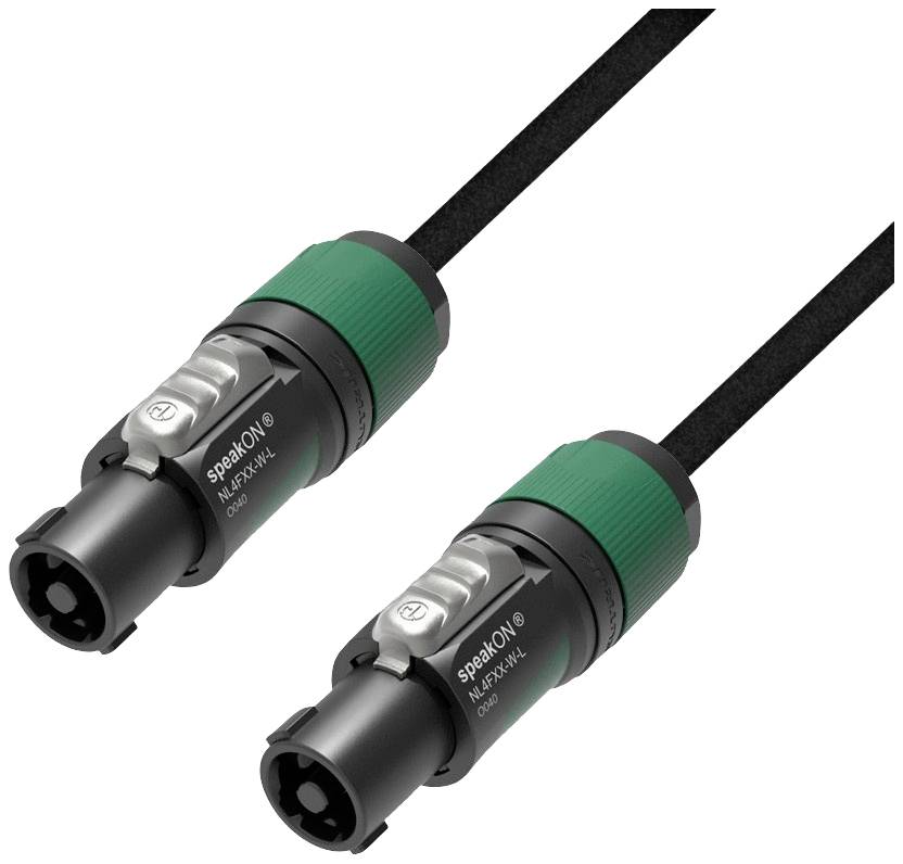 Deux câbles d'enceintes noirs avec des connecteurs verts. Les connecteurs sont circulaires et portent l'inscription 'speakON'.
