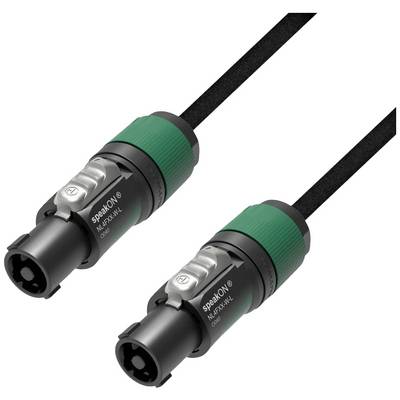 Deux câbles noirs avec des connecteurs verts et gris. Inscription 'speakON NL4FX-VJK'. Utilisés pour des connexions audio professionnelles.