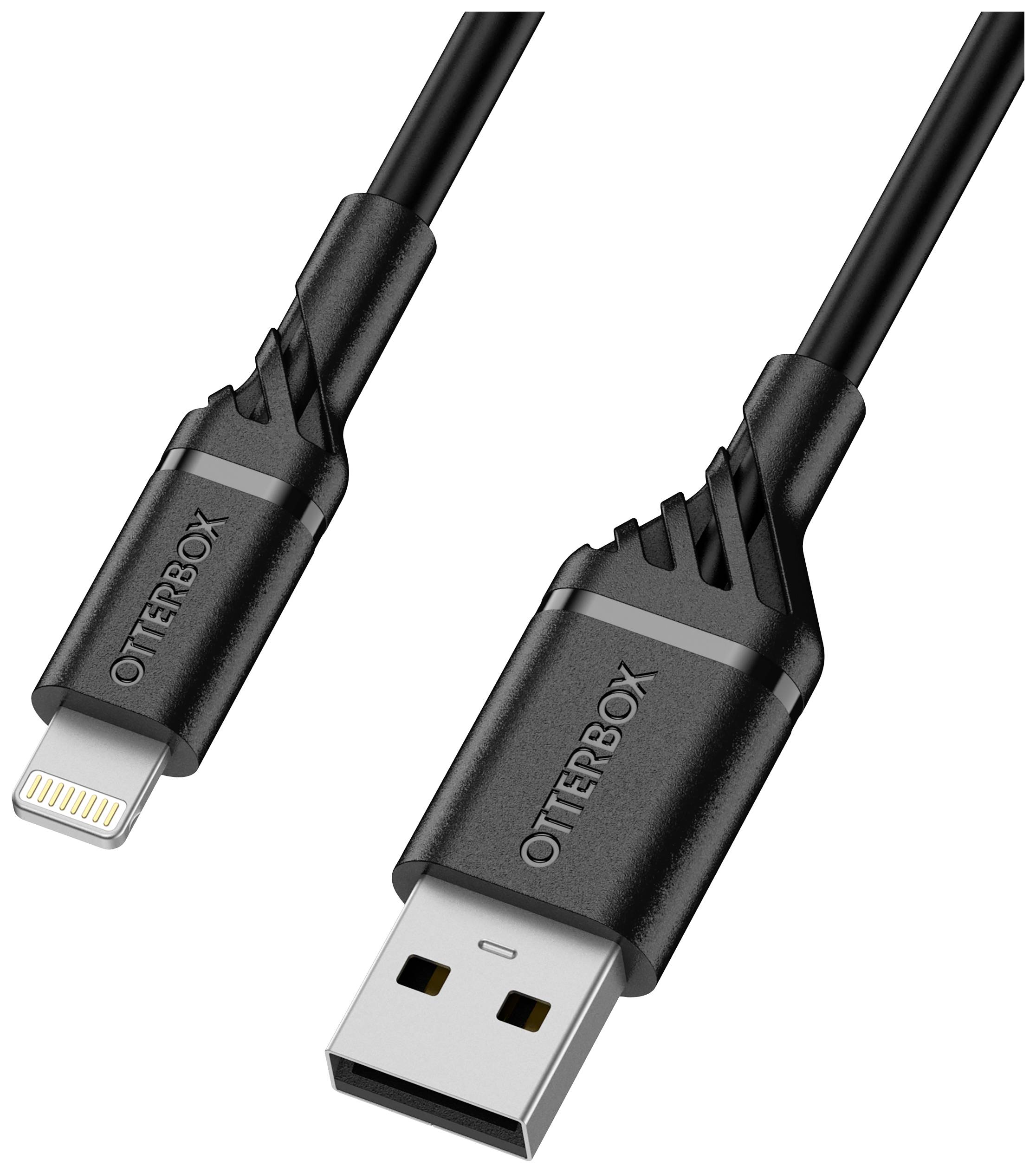Un câble USB noir avec le logo 'Otterbox', montrant la fiche USB-A à côté d'une fiche Lightning.