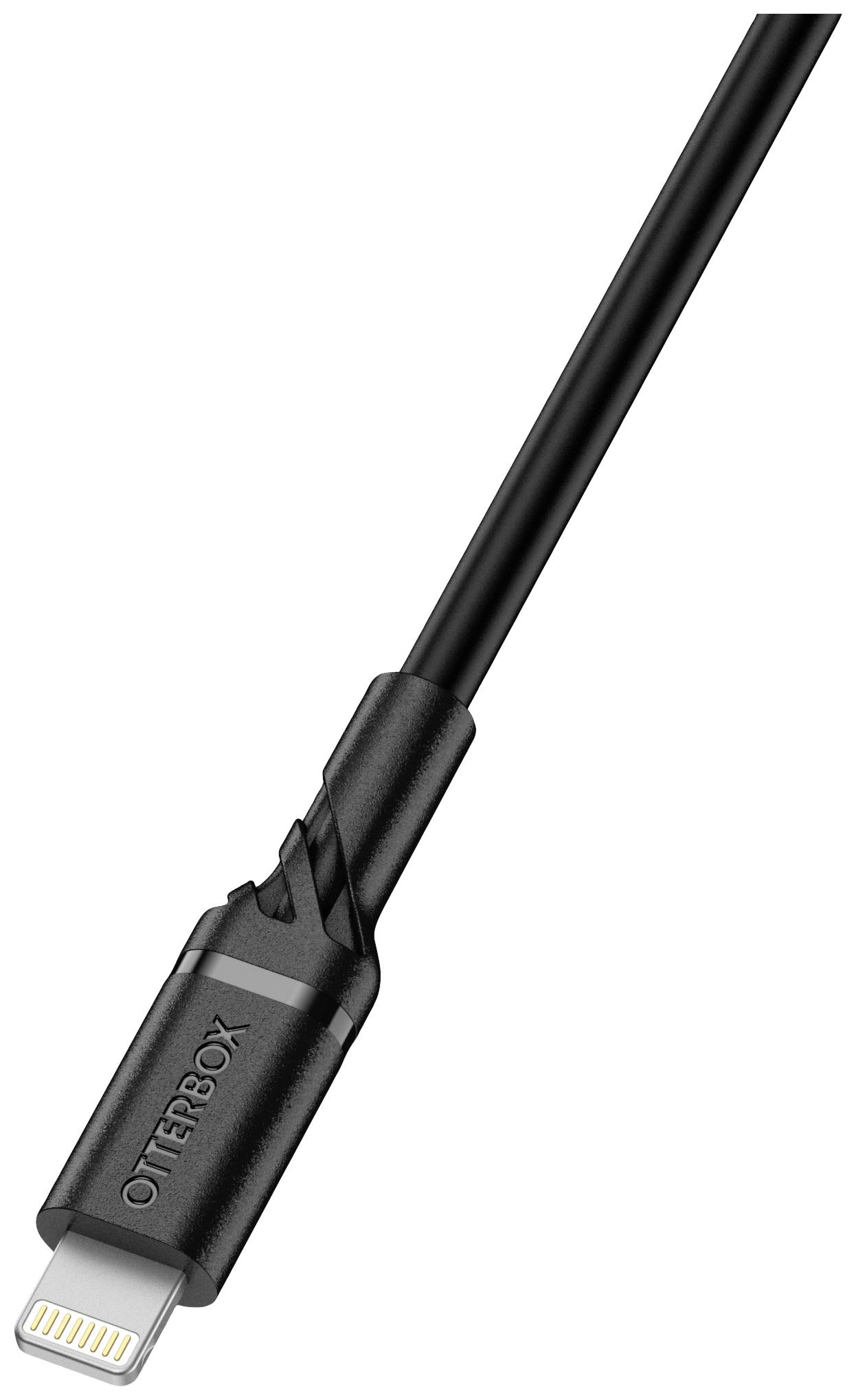 Un câble de charge noir avec un connecteur Lightning, gravé "OTTERBOX" sur le connecteur.