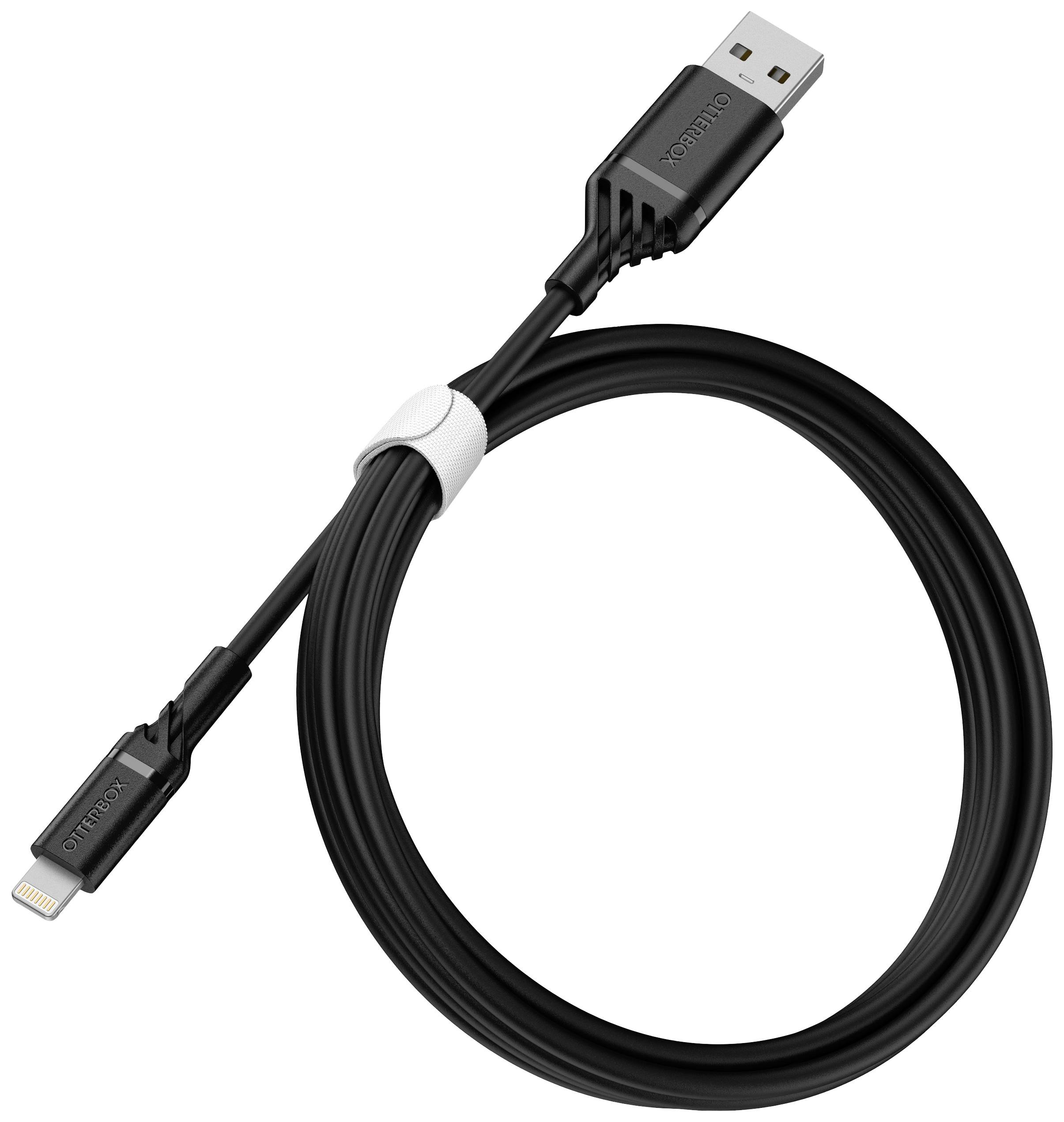 Câble de charge noir avec connecteurs USB-A et Lightning, maintenu par une bande auto-agrippante blanche. Adapté aux appareils Apple.