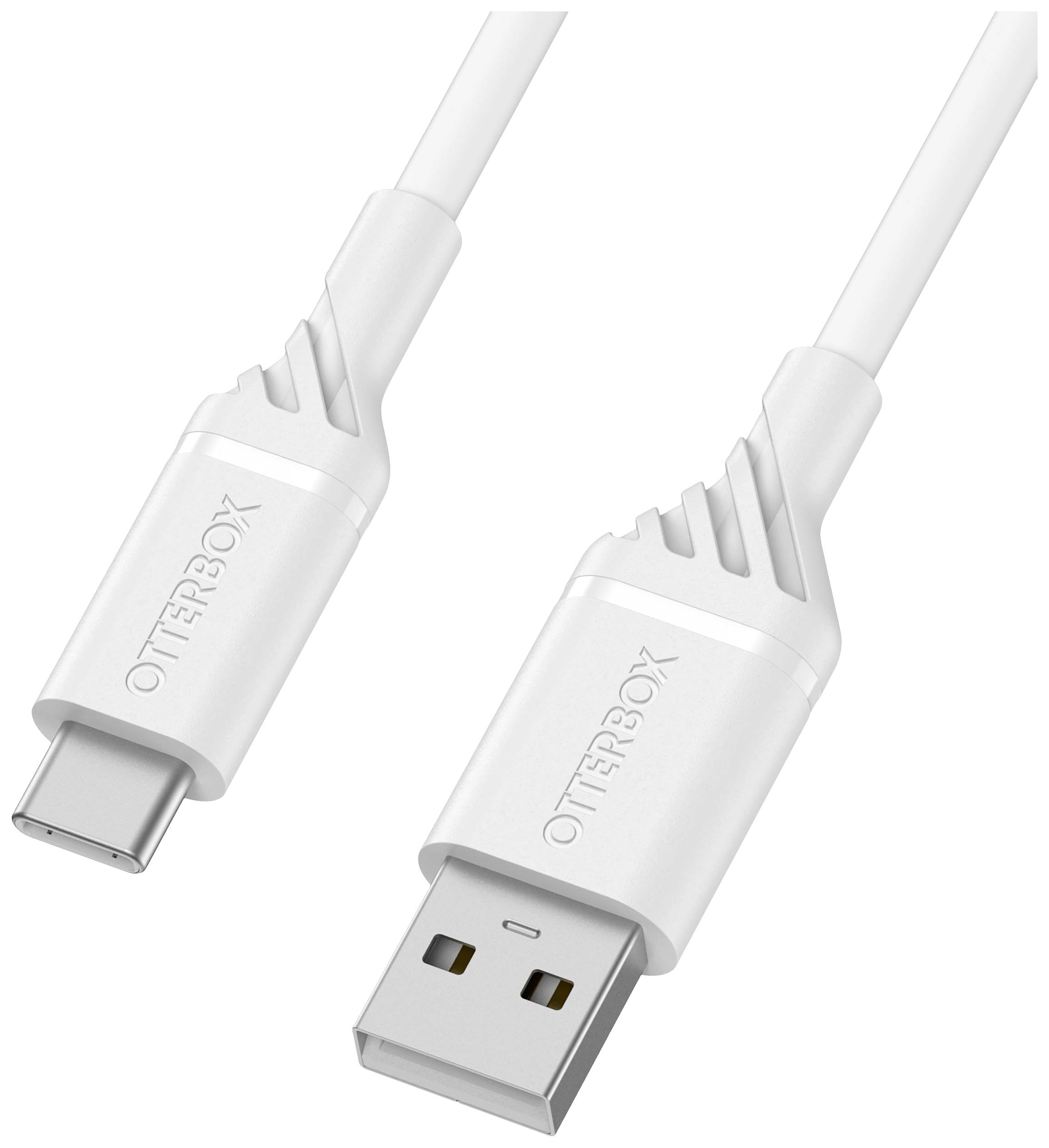 Un câble USB blanc avec des connecteurs USB-C et USB-A, utilisé pour les connexions d'appareils et le transfert de données. Nom de marque 'OtterBox' imprimé.