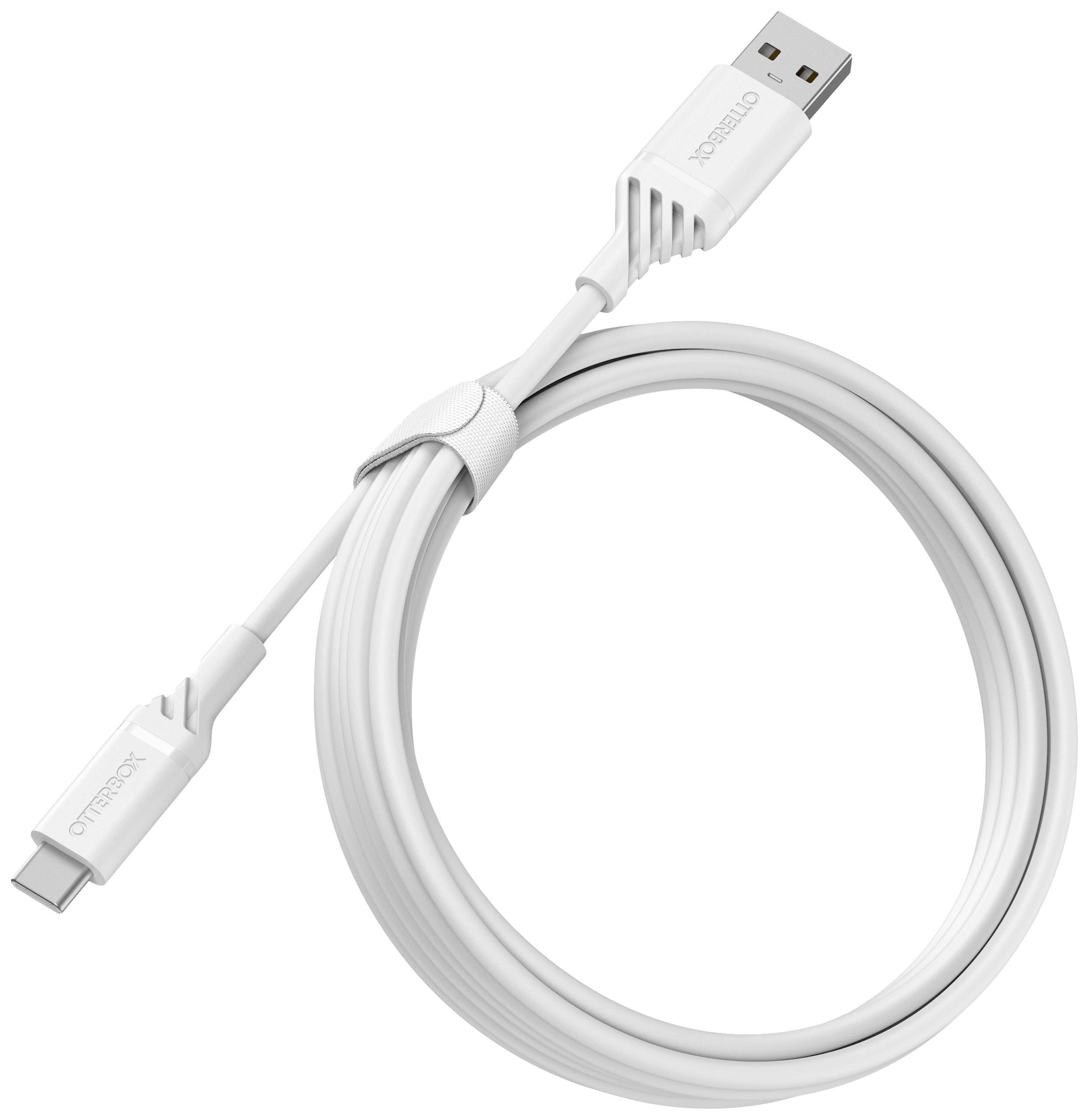 Un câble USB blanc avec une fiche USB-A d'un côté et une fiche USB-C de l'autre, enroulé.