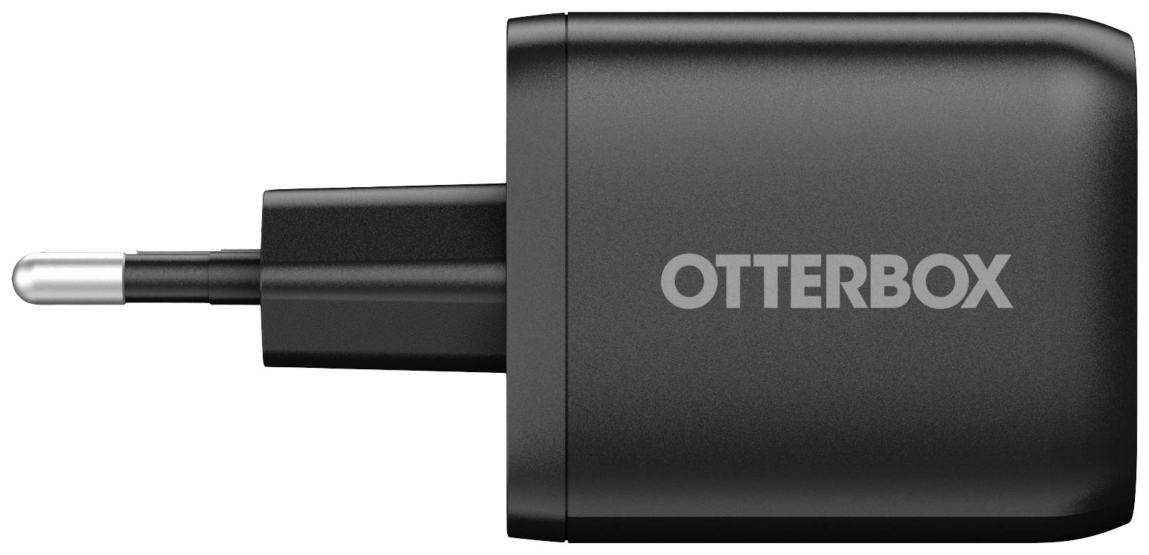 Un chargeur noir d'OtterBox avec une fiche européenne.