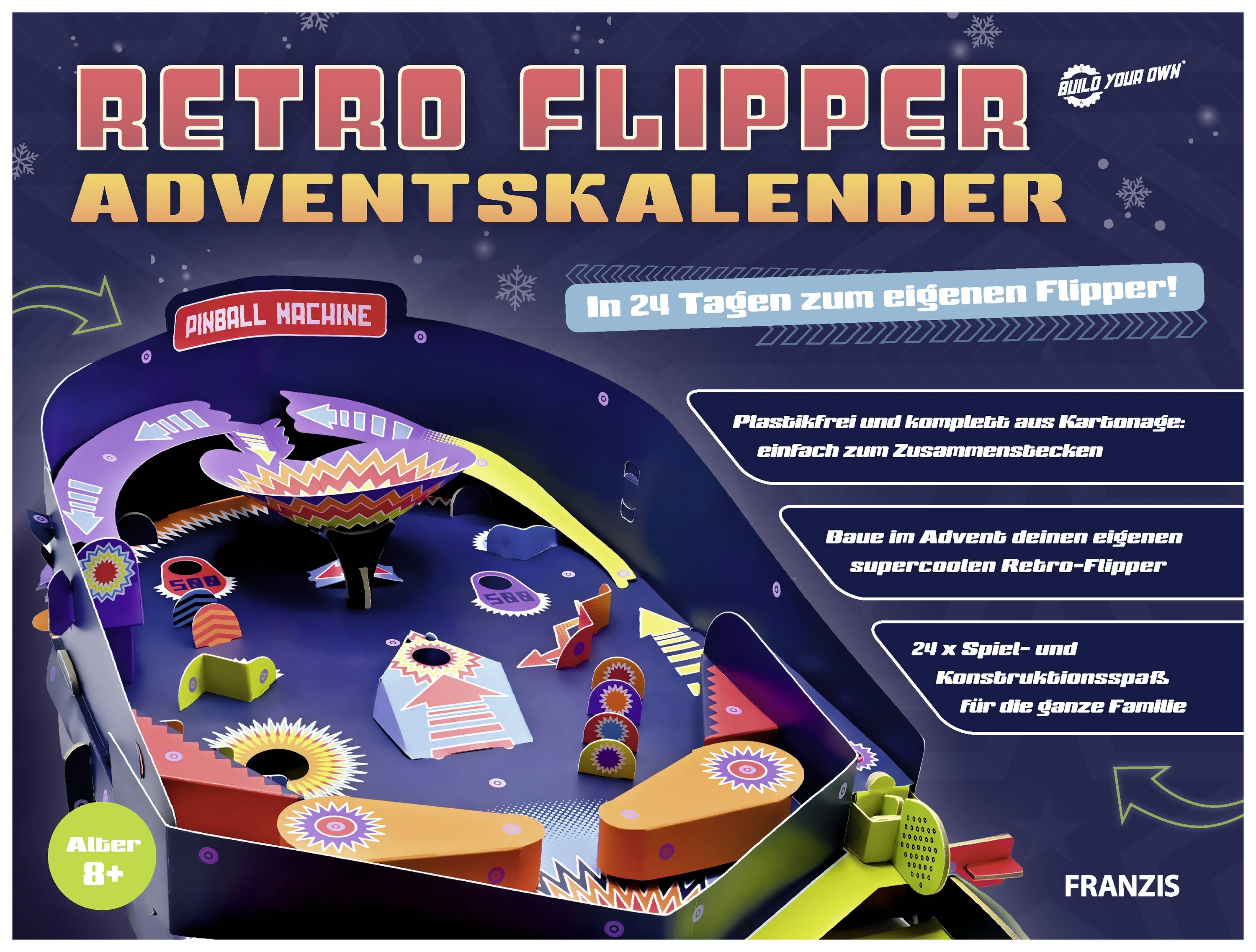 Calendrier de l'Avent Flipper Rétro présente un jeu de flipper sur le thème de l'hiver. 'En 24 jours, votre propre flipper !' Âge recommandé : 8 ans et plus.