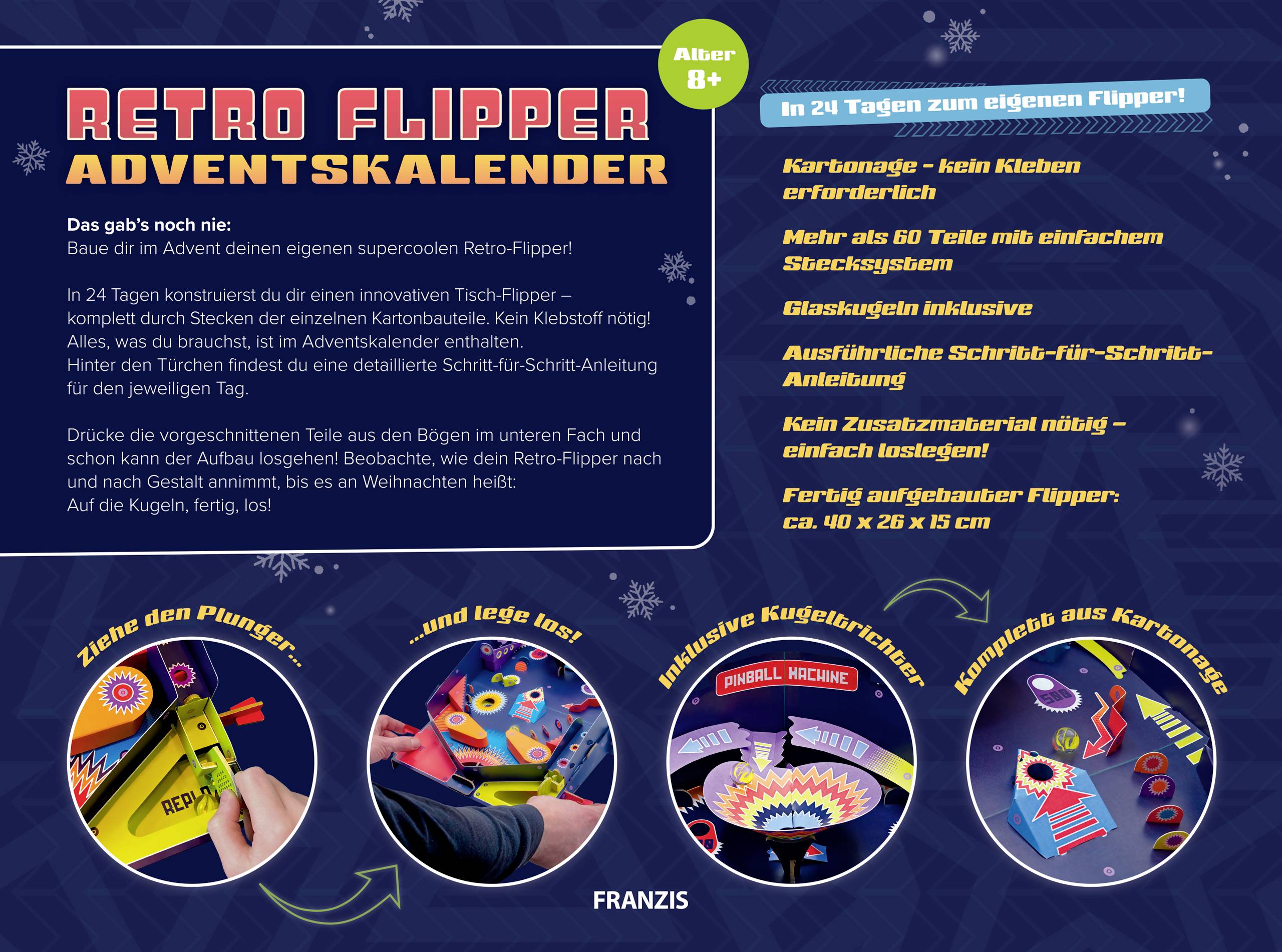 Calendrier de l'Avent Flipper Rétro - Kit de construction pour enfants à partir de 8 ans. Contient des pièces pour assembler un flipper de table en 24 jours.