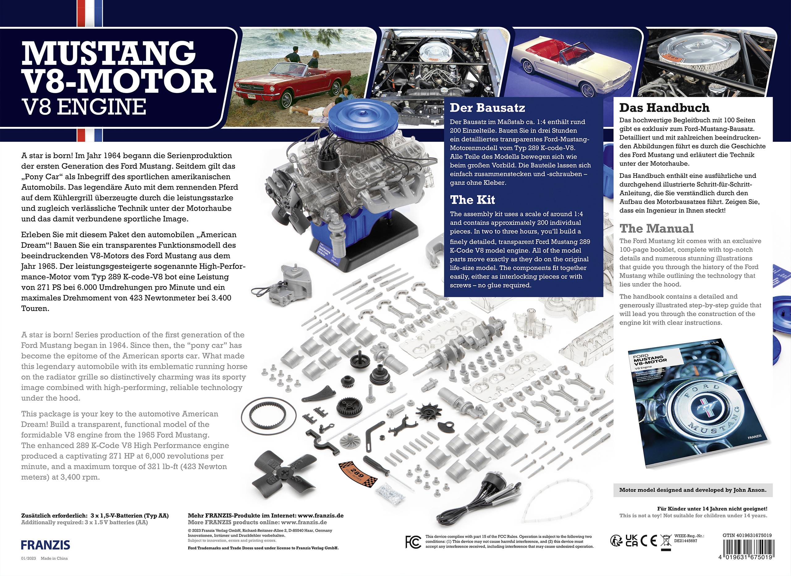 Kit de construction et manuel de montage du moteur V8 Mustang, pour assembler un modèle détaillé de ce moteur emblématique.