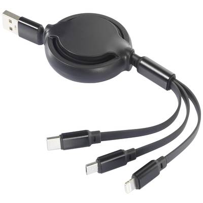 Câble de charge USB triple avec mécanisme d'enroulement, incluant des connecteurs USB-C, Micro-USB et Lightning pour différents appareils.