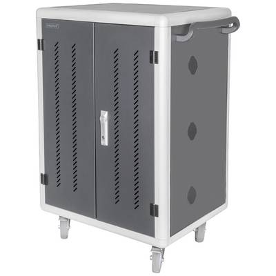 Armoire de chargement mobile à deux portes, avec poignée sur le côté et fentes de ventilation. Repose sur quatre roues pour une mobilité facile.