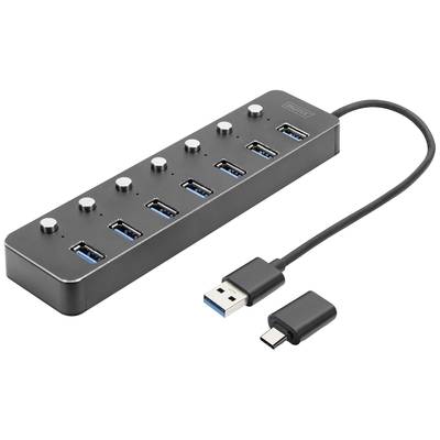 Hub USB 3.0 Digitus DA-70248 7 ports pivotable, commutable individuellement, affichage LED gris foncé