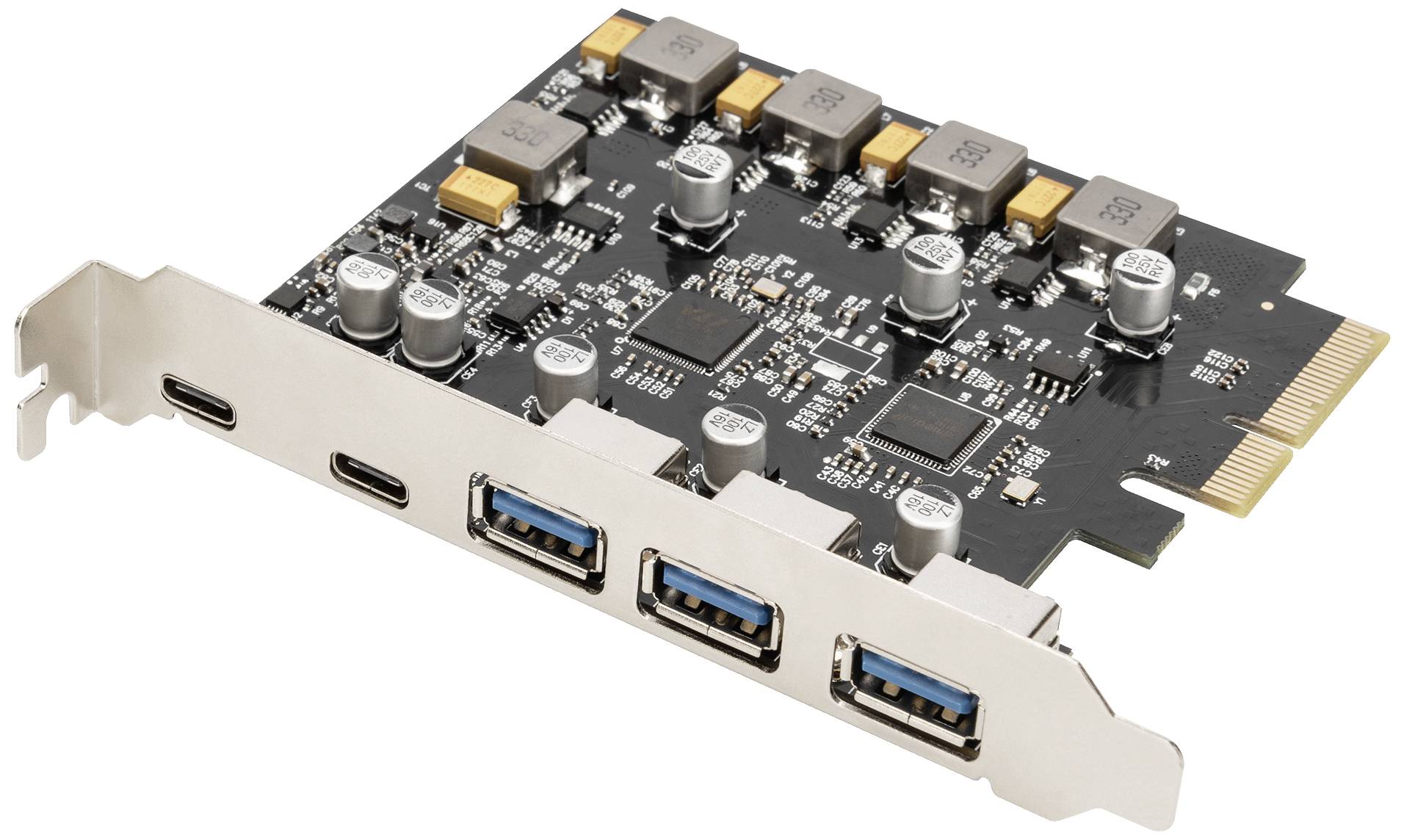 Une carte PCIe avec deux ports USB-C et trois ports USB-A sur une carte mère d'ordinateur.