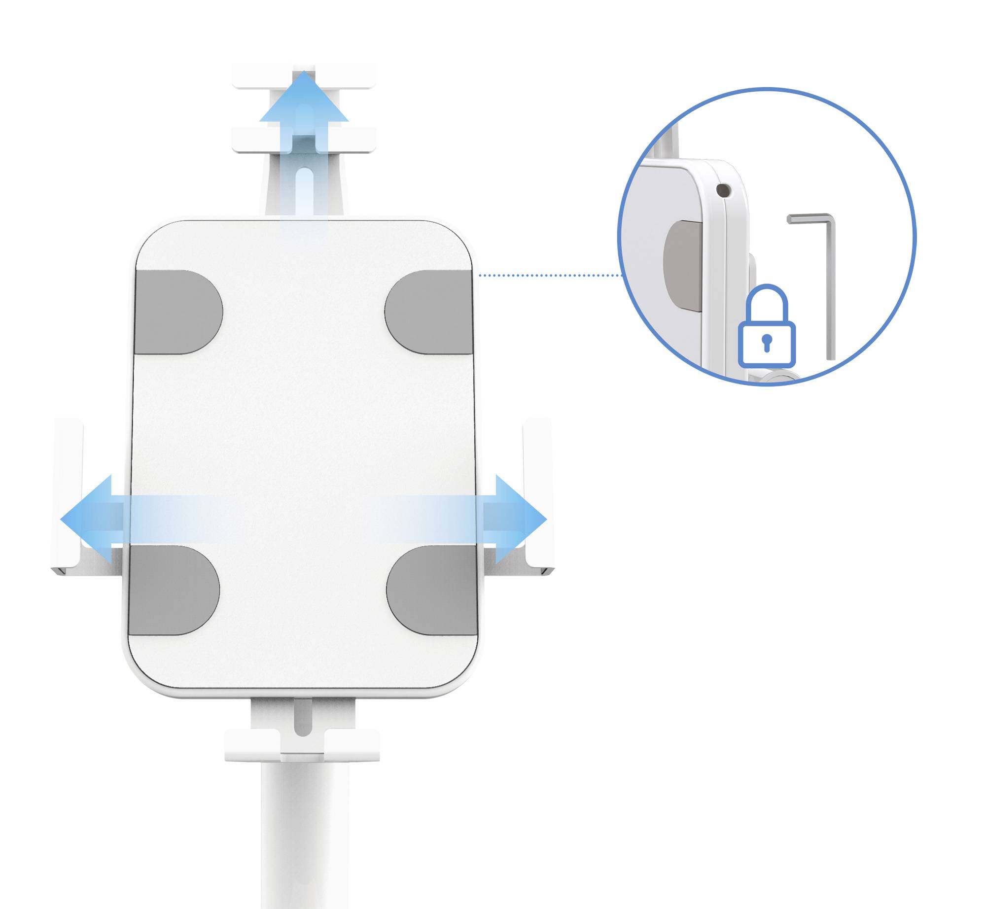 Un support de téléphone avec des bras ajustables, dont les flèches indiquent l'extension. Un symbole de cadenas agrandi illustre la fixation sécurisée.