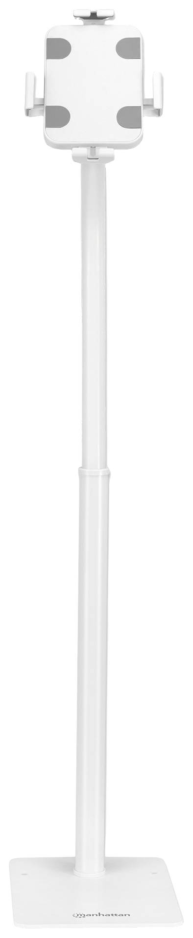 Support de tablette blanc avec base autonome et bras ajustable. Adapté pour installer un tablette de manière stable à une hauteur variable.