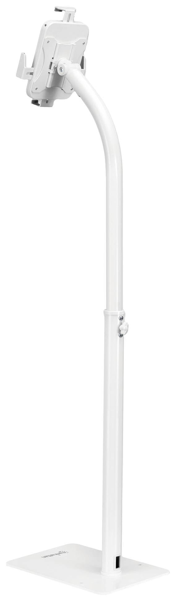 Un support de tablette en métal blanc, réglable en hauteur, doté d'une base stable, adapté aux présentations ou à une utilisation sans les mains.