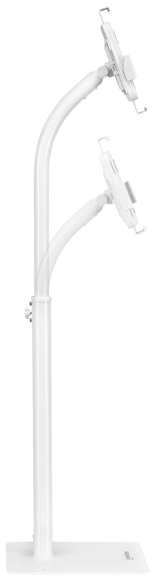 Deux supports verticaux sur un support métallique, adaptés aux tablettes ou écrans, de couleur blanche.