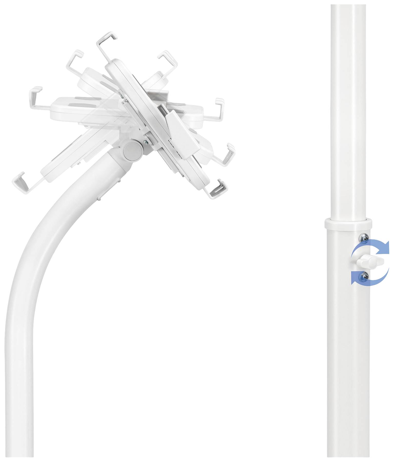 Un porte-manteau blanc rotatif avec plusieurs bras, monté sur un support vertical. Adapté pour suspendre divers objets.