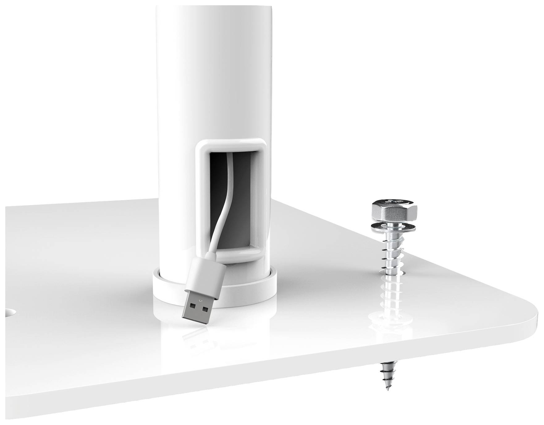 Plateau de table blanc avec un trou pour la gestion des câbles. Un câble USB dépasse d'un tube blanc. Deux vis sont situées à côté du tube.