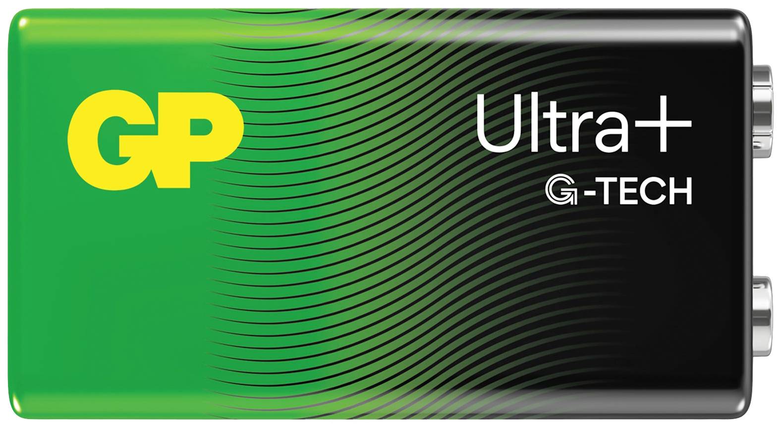 Emballage d'une batterie alcaline GP Ultra+ 9V avec l'indication « 1 x 9V » et « G-TECH Longue Durée ».