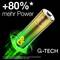 'GP Ultra G-TECH' Batterie avec éclairage vert, fait la promotion de '+80% plus de puissance' par rapport à la norme CEI 60086-2:2021.