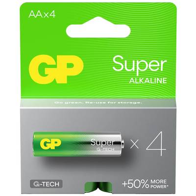 Emballage pour deux piles GP Super Alkaline, vert-argent, avec l'inscription « G-Tech » et la mention « Long lasting power ».
