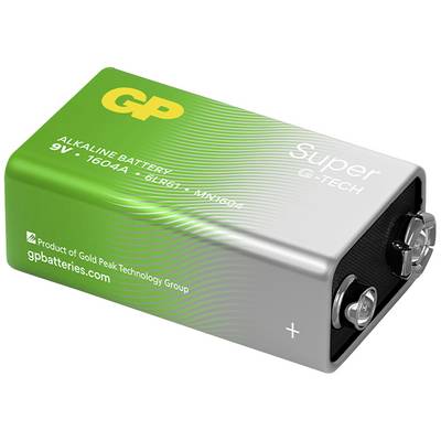 Batterie alcaline 9 volts « GP Super G-Tech » dans un emballage vert et argenté avec les pôles positifs et négatifs visibles.