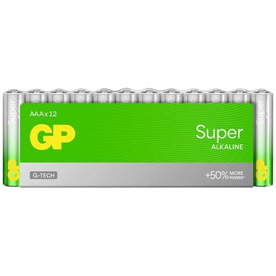 Paquet de 12 piles AAA de la marque GP Super Alkaline. Emballage vert avec bordure argentée, mettant en valeur des performances et une capacité élevées.
