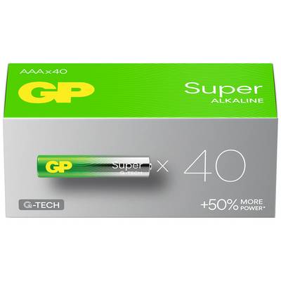 Emballage de pile 'GP Super Alkaline' avec un design vert, montrant une pile individuelle et le texte '+50% plus de puissance'. Contient 40 piles AAA.